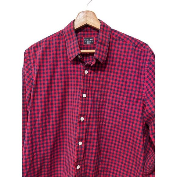 UNTUCKit Gingham Cotton Long Sleeve Classic Button Up Shirt Red Navy Size Medium - Picture 3 of 12